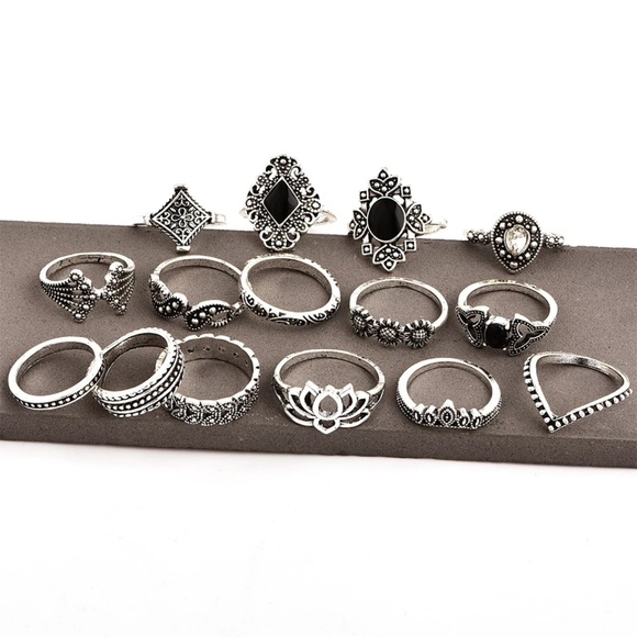 *BOGO* Bohemian Black & Silver 15 Piece Ring Set - Picture 3 of 3